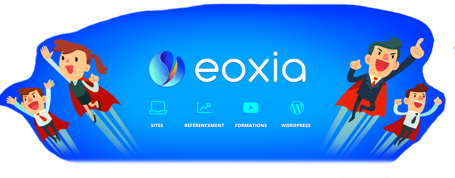 Bannière équipe et logo Eoxia fond bleu